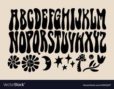 the english alphabet with stars and flowers in black on a beige background, hand drawn