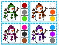 four snowmen with different colors and shapes to make them look like they are in the same