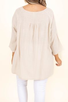 Don't think too much, you need this beauty in your wardrobe! The neutral sand beige color is just in time for the season! The functional pockets and lightweight design is great for a casual day out! We see this top paired with some skinnies or shorts for a classic chic look! 100% Cotton Fall Vacation Tops With Pockets, Beige Relaxed Blouse For Spring, Cream Solid Color Top For Spring, Beige Beach Tops With Pockets, Beach Beige Tops With Pockets, Lightweight Solid Color Summer Tops, Lightweight Solid Tops For Summer, Versatile Lightweight Spring Tops, Casual Neutral Tops For Beach