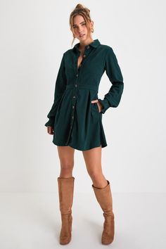 Emerald Green Dress - Green Corduroy Dress - Button-Up Dress - Lulus Long Sleeve Green Dress, Green Corduroy Dress, Dresses With Cowboy Boots, Skater Mini Dress, Green Long Sleeve Dress, Thanksgiving Dress, Emerald Green Dresses, Green Corduroy, Lulu Fashion