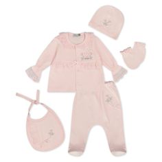 The sweetest get-up for your tiny bundle. With floral lace trimming, bows of ribbon, and a ruffle collar, this piece is the perfect ensemble for a day of exploration or lounging at home. Includes a a charming long-sleeved top, footie pants, bonnet, bib, and mittens for scratch-free days. Pink Playtime Sets With Ruffles, Feminine Pink Ruffled Sets, Pink Feminine Sets With Ruffles, Feminine Pink Sets With Ruffles, Cute Pink Sets For Daywear, Pink Ruffled Loungewear Set, Pink Lace Trim Sets For Spring, Feminine Lace Trim Sleepwear Sets, Feminine Bedtime Sets With Lace Trim