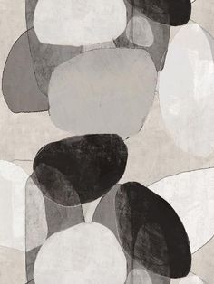 an abstract painting with black, white and grey circles on it's surface is shown