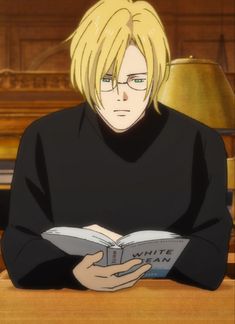 an anime character sitting at a table with a book in front of him, reading