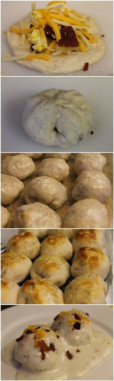 four different types of pastries with cheese and sauce on them, including bread buns