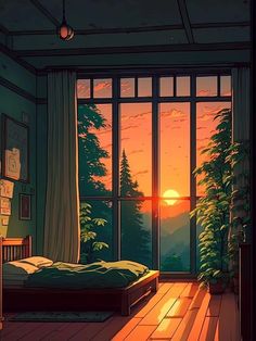 the sun is setting in an empty room with a bed and window overlooking a forest