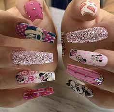 Disneyland Nails, Disney Acrylic Nails, Minnie Mouse Nails, Gel Nails French, Mickey Nails, Neon Acrylic Nails, Glow Nails, Long Acrylic Nails Coffin, Disney Nails