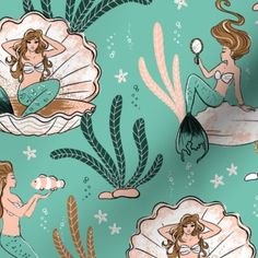 mermaids and seashells are depicted on this aqua green background with white stars