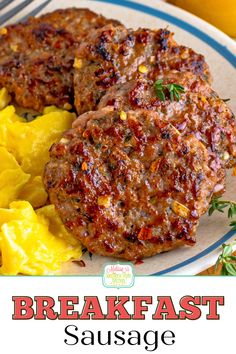 two hamburger patties on a plate with scrambled eggs