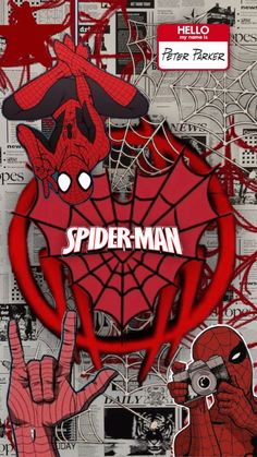 the spider - man movie poster is shown in red, black and grey colors with an image of a person holding a camera