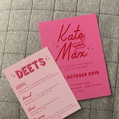 two pink flyers sitting on top of a bed next to each other with the words diets and max written on them