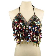 Sexy Sequin Tassel Mermaid Multi Color Coins Beading Backless Top Summer Sequined Backless Halter Top, Sequined Backless Halter Top For Summer, Backless Sequined Halter Top For Summer, Summer Crop Top For Costume Party, Sleeveless Party Halter Top With Sequins, Glamorous Summer Festival Halter Top, Sequin Halter Neck Crop Top For Summer, Glamorous Summer Halter Top For Festival, Multicolor Halter Neck Tank Top For Party