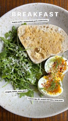 an image of a plate with eggs and greens on it that says breakeast