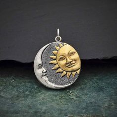 Sun and Moon Charm Sterling Silver and Bronze Sun and Moon Pendant 1 pc. 27mm x 21mm x 2mm (Length includes 5mm jump ring) Sun And Moon Pendant, Element Necklace, Life Itself, Travel Charms, Pendant Bails, Time Life, Monogram Jewelry, Silver Bead Bracelet, Deep Meaning