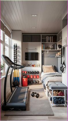 a bedroom with a treadmill and exercise equipment in the foreground, bookshelf on the far wall