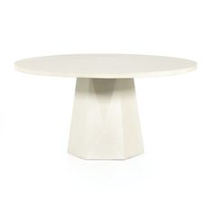 a white table with an oval shaped base on it's side, against a white background