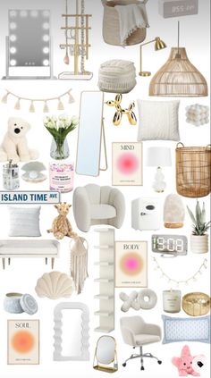 a collage of white furniture and accessories