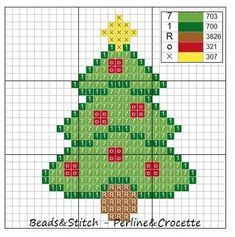 a cross stitch christmas tree is shown in green and red