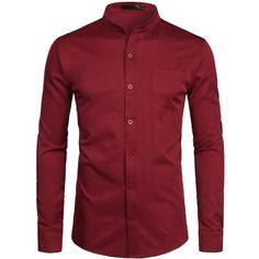 Trending Banded Collar Dress Shirt - Men Slim Fit Long Sleeve Casual B – Deals DejaVu Slim Fit Long Sleeve Solid Color Shirt, Slim Fit Solid Color Long Sleeve Shirt, Slim Fit Solid Color Button-up Shirt, Cotton Plain Slim Fit Shirt, Fitted Shirt With Casual Collar, Red Collared Solid Color Shirt, Stretch Business Casual Shirt, Red Solid Color Collared Shirt, Red Slim Fit Shirt With Button Closure