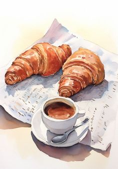 a painting of croissants and coffee on a napkin