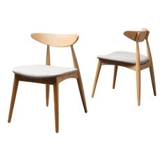 two wooden chairs sitting side by side on a white background, one with a seat and the other without