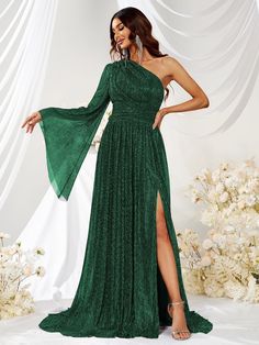 Color: Dark GreenStyle: PartyPattern Type: PlainDetails: Zipper, Split ThighType: A LineNeckline: Asymmetrical NeckSleeve Length: Long SleeveSleeve Type: Flounce SleeveWaist Line: High WaistHem Shaped: SlitLength: MaxiFit Type: Slim FitFabric: Slight StretchMaterial: FabricComposition: 95% Polyester, 5% ElastaneCare Instructions: Hand wash,do not dry cleanSheer: No