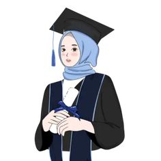 a woman wearing a graduation gown and holding a cell phone in her hand with a blue scarf around her neck