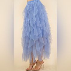 Women’s Skirt Blue Tiered Tulle Maxi Skirt, Blue Tulle Tiered Maxi Skirt, Spring Blue Pleated Skirt Bottoms, Light Blue Ruffled Skirt Bottoms For Summer, Light Blue Lined Tiered Skirt, Light Blue Flowy Skirt For Party, Blue Maxi Skirt For Spring Party, Flowy Light Blue Party Skirt, Spring Tulle Flared Skirt