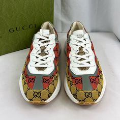 Brand New With Box. This Is An Authentic Pair Of Gucci Monogram Multicolor Mens Rhyton Sneakers 15 In Yellow, Blue, Great White, And Tabasco. These Stylish Chunky Sneakers Are Crafted Of Gucci Monogram Multicolor Canvas With Eco-Friendly Demetra Material Trim. These Shoes Feature White Rubber Soles With White Shoe Laces. Casual Multicolor Sneakers With Logo, Designer Yellow Sneakers With Round Toe, Designer Multicolor Custom Sneakers With Rubber Sole, Designer Multicolor Sneakers With Rubber Sole, Yellow Gucci Sneakers With Branded Insole, Luxury Multicolor Round Toe Sneakers, Luxury Yellow Sneakers With Round Toe, Luxury Yellow Sneakers With Rubber Sole, Designer Gucci Sneakers With White Sole