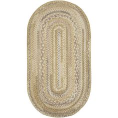 an oval rug with braiding on the bottom and sides in beige, white and tan colors