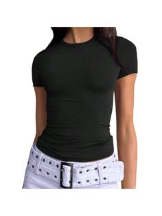 Material: This Y2k tops is made of 88% polyester and 12% nylon.High quality elastic fabric,light weight, super soft and skin-friendly,make you more comfortable to wear.Design: Cropped and regular style,you can wear it regularly or fold it up like a crop top.cute,slim fitted,casual style,scoop neck,short sleeve.Occasion: Simple and stylish design,great for going out,wort out,running,gym,yoga,daily wear, streetwear,rave party,club,dating,beach,travel,vacation,shopping,etc. Suitable for all seasons Basic Crop Tops, Best Loungewear, Cute Summer Tops, Classic Blouses, Y2k Clothing, Short Sleeve Cropped Top, Solid Clothes, Shirts & Tops, T Shirt Top