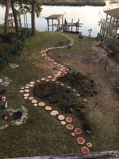 there is a path made out of wood circles in the grass next to a lake