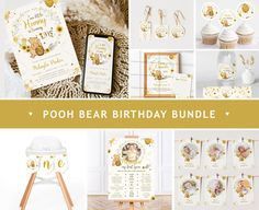 a collage of photos with the words pooh bear birthday bundle in gold and white