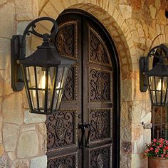 an ornate iron door with two lanterns on the side and potted flowers in front