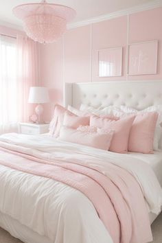 a pink and white bedroom with a chandelier hanging from the ceiling above the bed