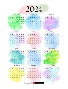 a colorful calendar with watercolor stains on it, and the date in each month