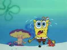 an animated spongebob character standing in front of a fire hydrant with his mouth open