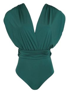 dark green stretch-design pull-on style ruched detailing V-neck sleeveless fitted waistline rear criss-cross straps Be mindful to try on swimwear over your own garments. Swimsuit Green, Green Swimsuit, Be Mindful, Yoko London, Exclusive Fashion, Ballet Flat Shoes, Ski Wear, Swim Suit, Lady Dior