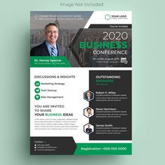 a green and black business conference brochure with an image of a man in a suit