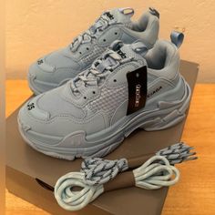 Balenciaga Triple A Sneakers Women’s Light Blue Brand New With Box Luxury Chunky Sneakers With Translucent Outsole For Streetwear, Trendy Blue Platform Sneakers For Sports, Light Blue Sneakers For Streetwear, Shoes Balenciaga, Balenciaga Shoes, Sneakers Women, Light Blue Color, Womens Shoes Sneakers, Womens Sneakers