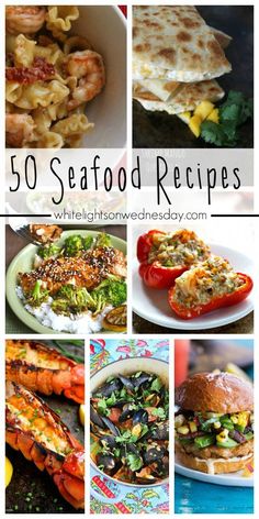 the top 50 seafood recipes are featured in this collage