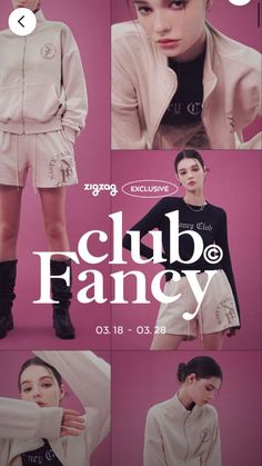 an advertisement for club fancy featuring models in shorts and sweaters, with the words club fancy on it