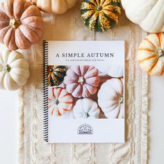 a simple autumn book sitting on top of a table next to pumpkins and gourds