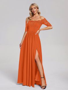 Burnt_Orange Lace Chiffon Bridesmaid Dress, Orange Bridesmaid Dresses, Full Maxi Skirt, Burnt Orange Dress, Lace Bridesmaids, Lace Chiffon, Lace Bridesmaid Dresses, Lace Neckline, Chiffon Prom Dress