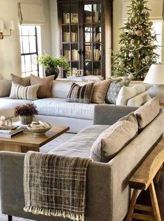 a living room with couches, coffee table and christmas tree in the window sill