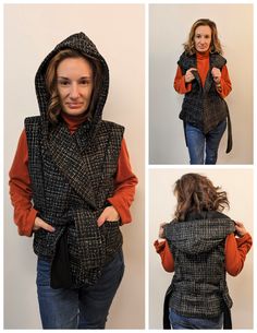 Jen Polished Vest & Jacket Pattern Versatile Fitted Winter Outerwear, Versatile Hooded Outerwear For Fall, Versatile Winter Wrap Outerwear, Versatile Fitted Wrap Outerwear, Fitted Wrap Outerwear, Fitted Versatile Wrap Outerwear, Fitted Wrap Outerwear For Winter, Versatile Wrap Outerwear For Work, Fitted Wrap Winter Outerwear