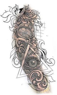 an artistic tattoo design with a clock and eye