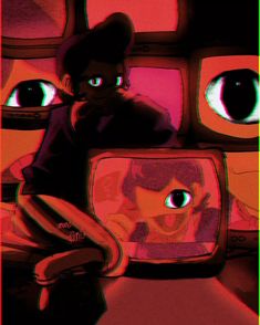 a person sitting in front of a tv with big eyes