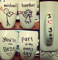 four coffee mugs with handwritten words on them