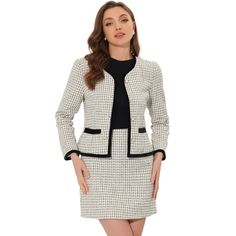 Modern and elegant, this suit set style with plaid tweed fabric. This chic outfit set designed with collarless, contrast panel, and long sleeves, adds a touch of elegance to your wardrobe. You can pair it with high heels for a vintage and fashionable look. Suitable for autumn/winter and many occasions, such as casual, office, work, business, meeting, dating, party, and weekend gatherings. Business Casual Skirt, Career Outfits, Short Blazer, Blazer And Skirt Set, Tweed Shorts, Cropped Blazer Jacket, Dresses Formal Elegant, Women's Outfits, Skirt Suit Set