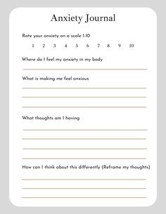 Instant digital PDF download of anxiety journal prompt  Once purchased you will receive a digital copy of the journal prompt in PDF format From there you can print it or use it however you'd like! Includes prompts for identifying anxiety on a rating scale, emotions in the body, and prompts for working through anxiety through cognitive reframing. Mental Health Prompt Questions, Feelings Journal Template, Things About Me Journal, Cbt Journal Prompts, Cognitive Reframing, Emotion Journal, Emotional Journal, Digital Journal Ideas, Digital Journal Template